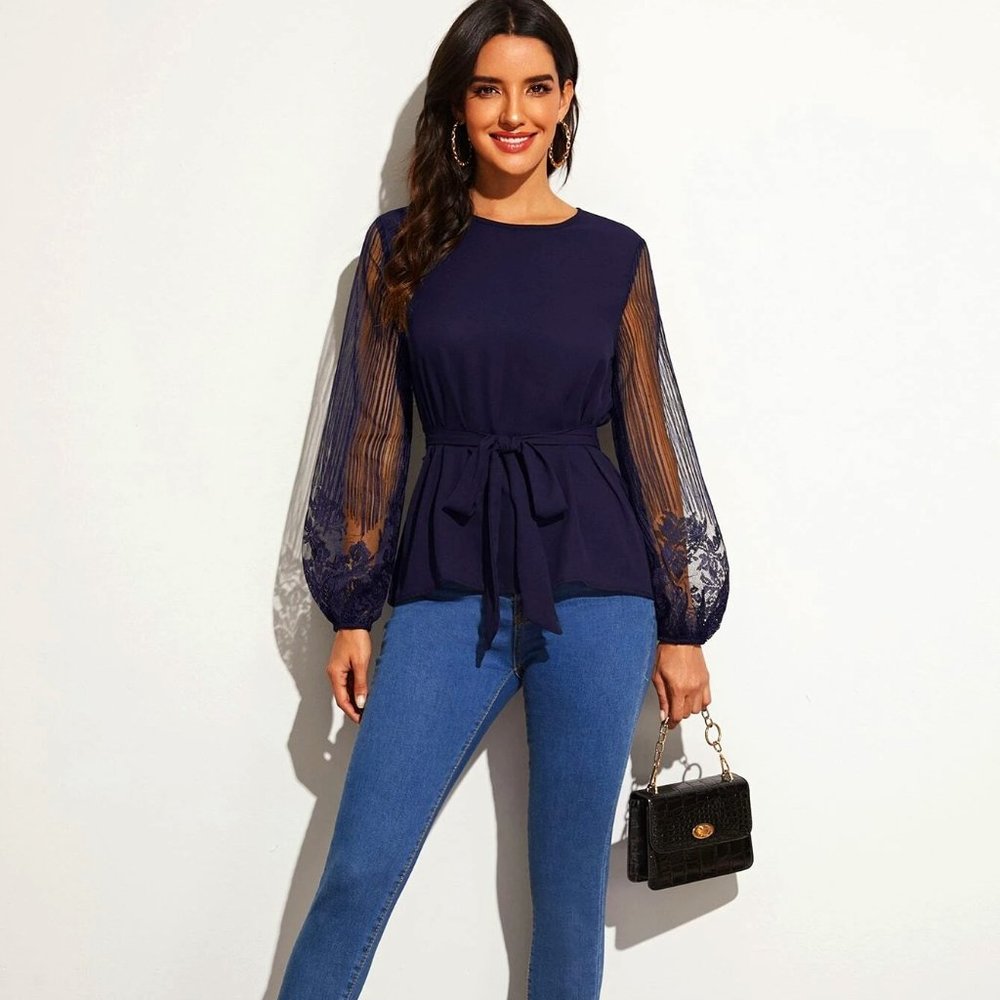 Sheer Lace Lantern Sleeve Belted Top NWOT